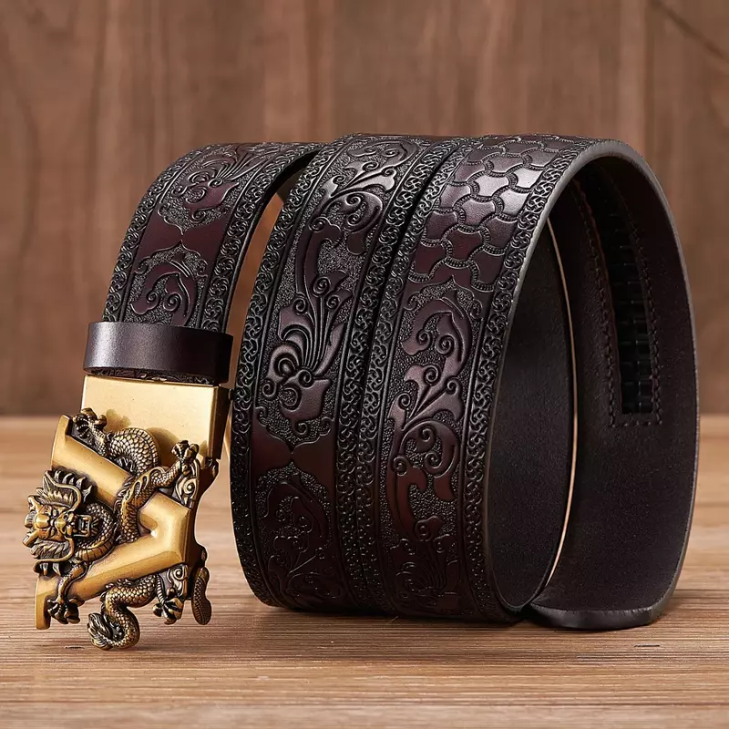 New 3.5CM V Buckle Cowskin Genuine Leather Belt Quality Alloy Automatic Buckle Print Wasitbad Strap Gift Bussiness Male Belt Men