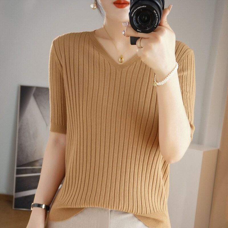 Spring/Summer Women's Knitted Shirt V-neck Wide Strip Bottom Pullover Round Neck Short 5/4 Sleeve Solid Slim Fit Top T-shirt