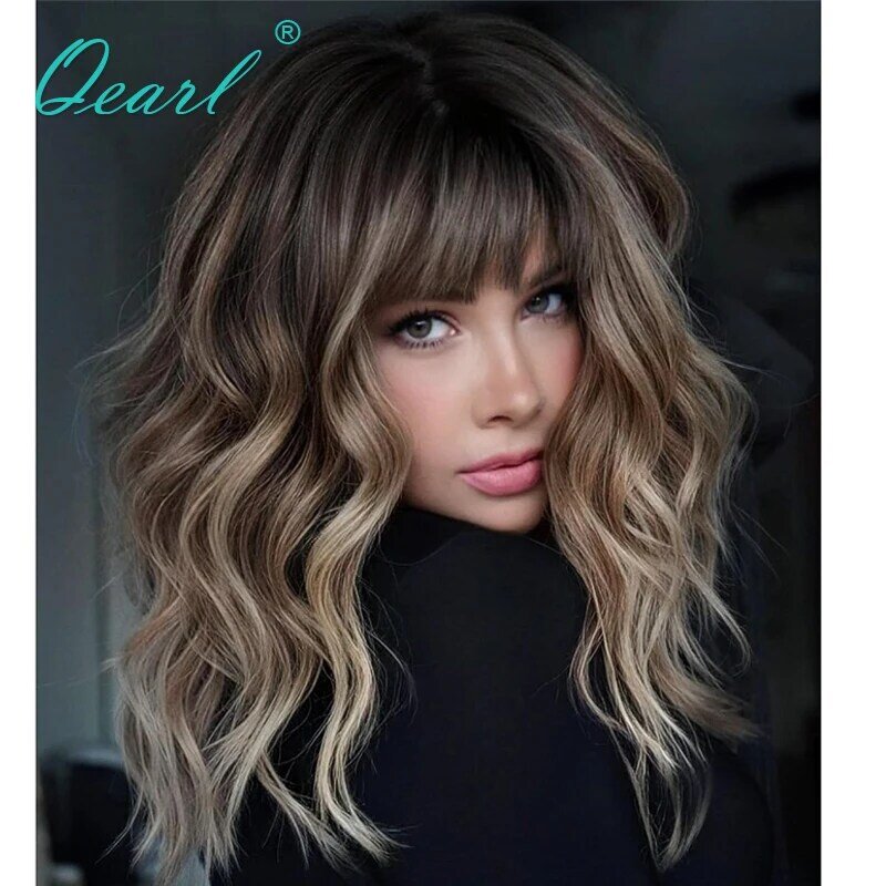 Sale Wigs Human Hair Light Blonde with Brown Color Lace Wig with Bangs Transparent Glueless Women Wigs Ready to Go Qearl