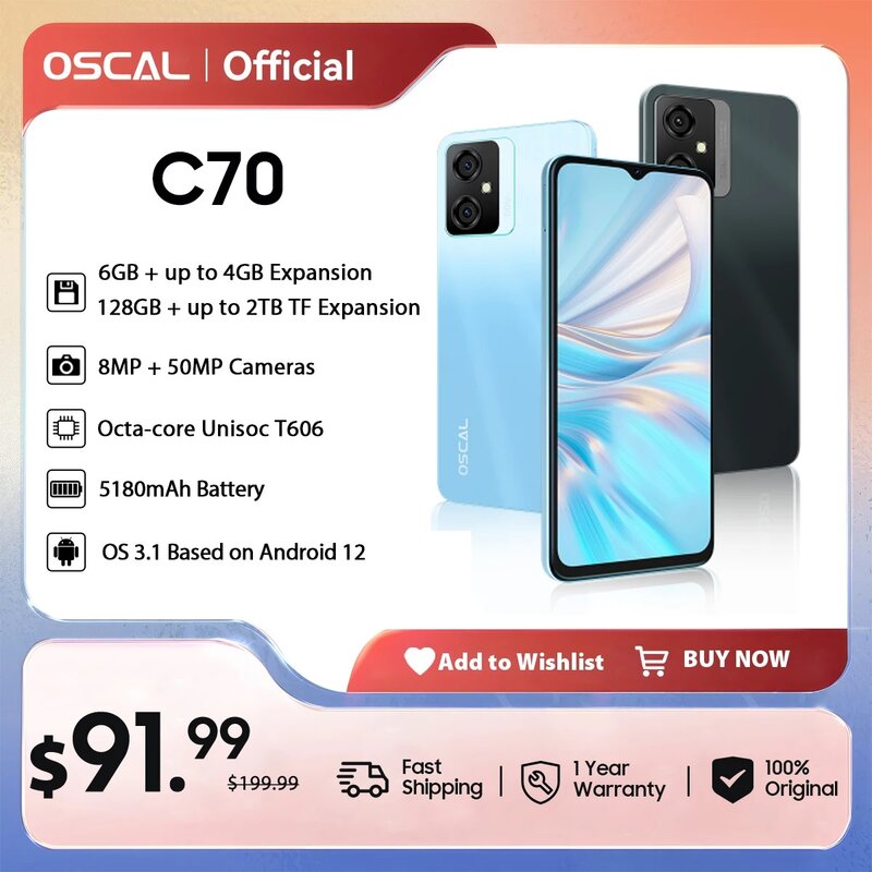 OSCAL C70 잠금 해제 스마트폰, 옥타코어, 안드로이드 12, 50MP 카메라, 5180mAh, 6.6 인치 HD + 스크린 휴대폰, 6GB + 128GB