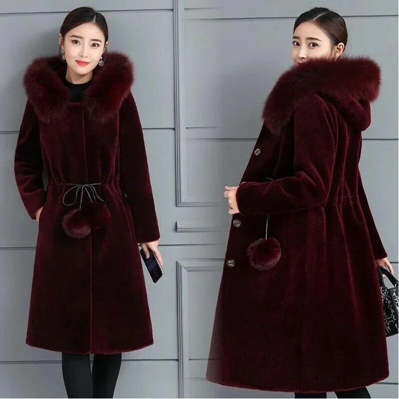Faux Fur Coat Women Hooded Mink Cashmere Slim Fit  Solid Long Sleeve Thick Warm Single Breasted Fur Coat