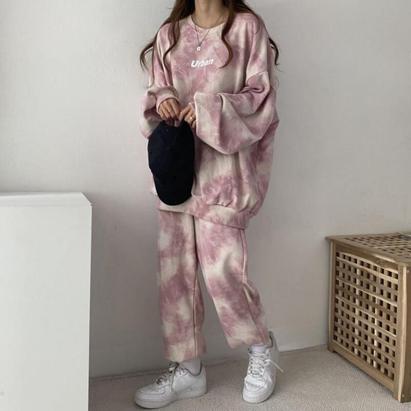 Casual Sportswear Tie Dye Print Women's Casual Sportwear Set with O-neck Pullover Tops Loose Fit Long Pants for Autumn Winter