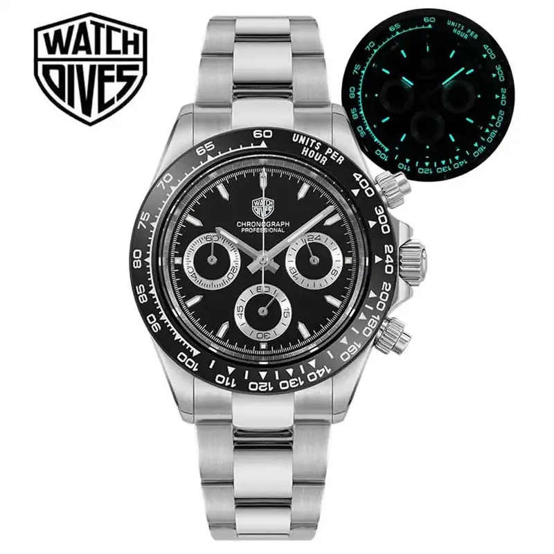 Watchdives WD16500 Watch 39mm VK63 Quartz Movement Chronograph Watch Sapphire Ceramic Bezel Luminous 100m Waterproof Watches