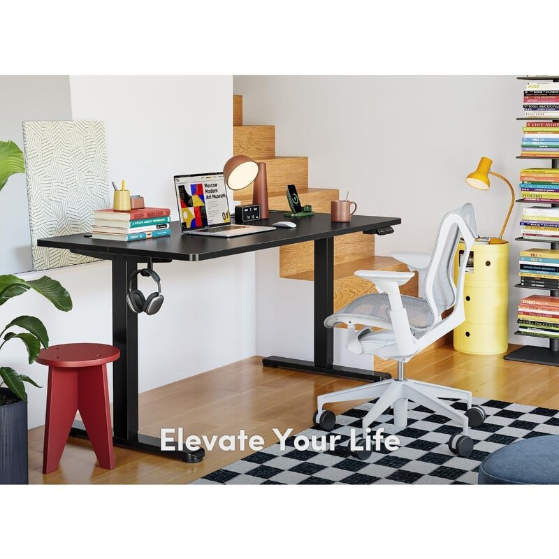 Escritorio de pie eléctrico, 63x24 pulgadas, altura ajustable, soporte para sentarse, oficina en casa, ordenador, negro