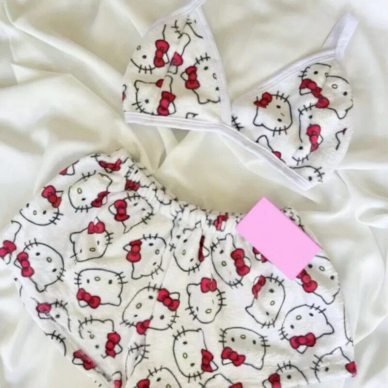 Hello Kitty Sanrio luźna damska piżama, tło do spania z kreskówek, salon rodzinny, odzież plażowa dla kobiet, 2 sztuki, lato