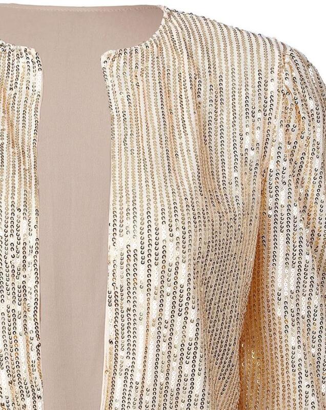 Casaco de lantejoula frontal aberto feminino manga comprida, jaqueta curta, luxo, elegante