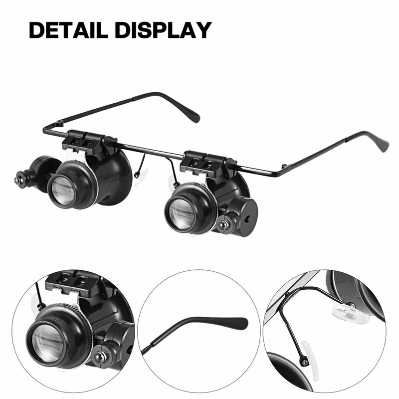 Head-Mounted Double Eye Glasses Type Magnifier, Watch Repair, Jeweler Inspection Tool, Duas luzes LED ajustáveis, 20X Magnifier