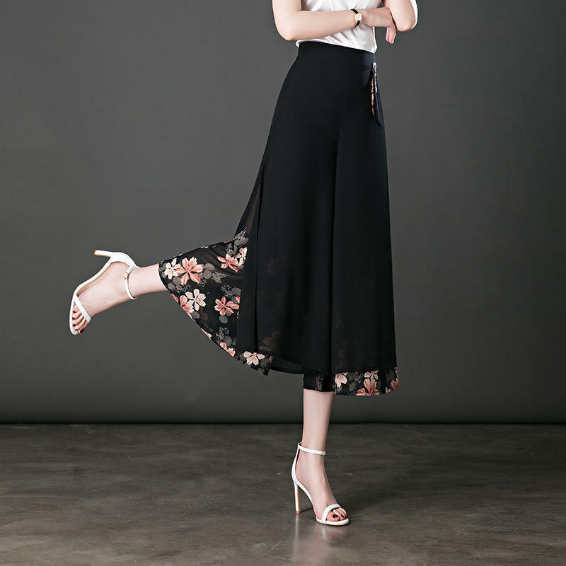 2024 New Chiffon Straight Black Summer Vintage Patchwork High Waist Wide Leg Pants Ladies Trend Solid Color Women's Clothing