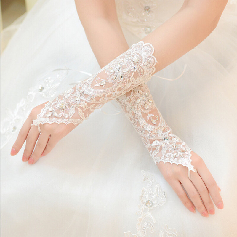 Weiße finger lose Strass spitze Braut hochzeits handschuhe Hochzeits zubehör