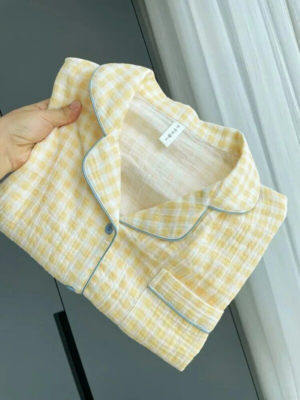 Plus size 100kg Japanese Plaid Cotton Long Sleeve Pajamas Women's Spring 2024 New Spring Autumn Cotton Linen Double Gauze M-5XL