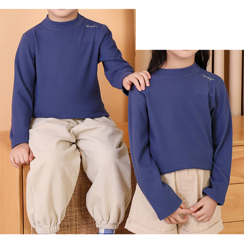 Kaus dalam anak laki-laki dan perempuan, pakaian dalam termal bergaris warna polos lengan panjang Pullover atasan pakaian rumah