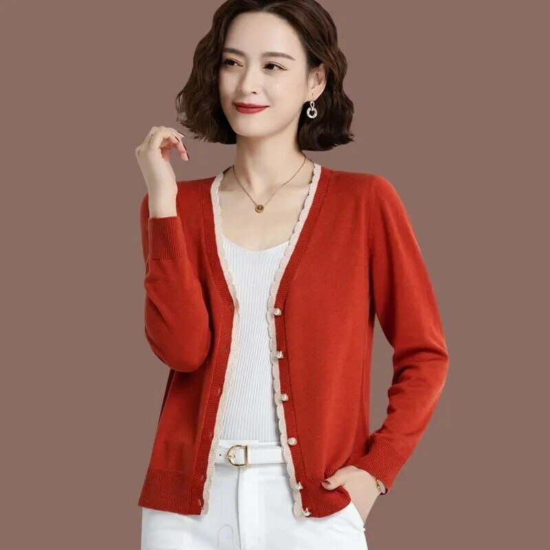 2022 Spring Autumn Upscale Single-Breasted Ice Silk Cardigan Women Tops Loose V Neck Thin Knitting Sweater Short Female Jacket