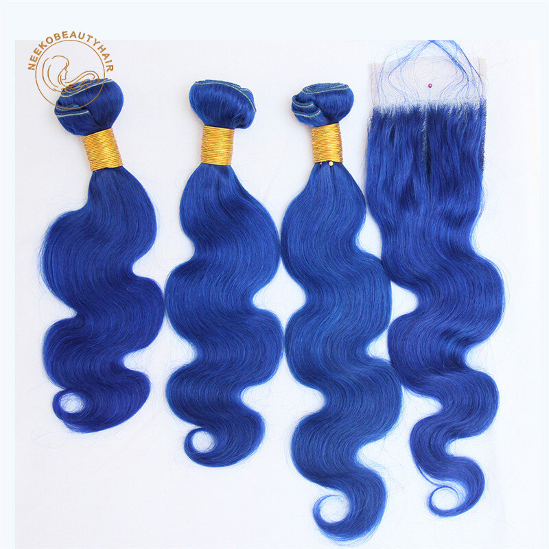 Niebieskie pasmo ludzkich włosów z zamknięciem wiązki ciemnych w niebieskim kolorze włosów z włosy typu Body Wave czołowymi