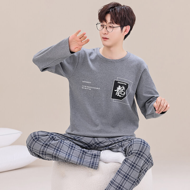 2024 New Cotton Spring Long Sleeve Nightwear for Men Autumn Home Clothes 2 Pieces Set Male Plaid Pant Sleeping Top Pajamas Set
