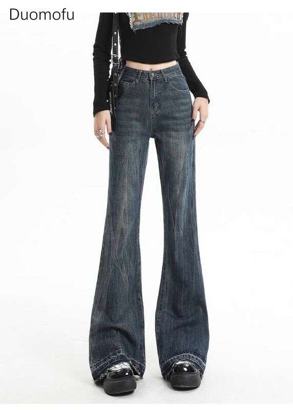 Duomofu-jeans feminino de cintura alta, jeans largos e finos com bolsos, simples e com zíper, americano e vintage, casual e elegante, novo outono
