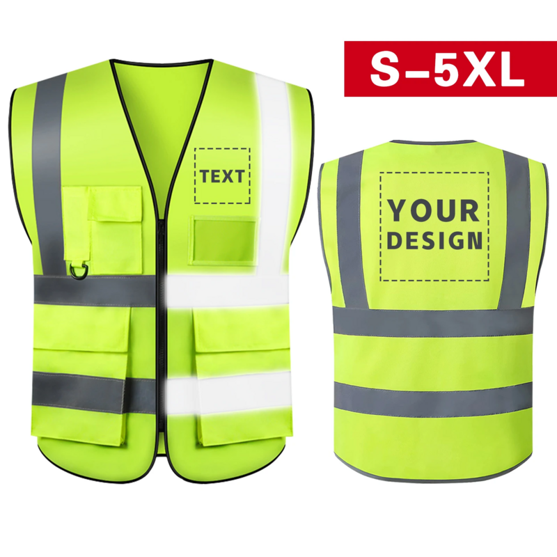 Colete de segurança reflexivo com bolsos e zíper, Alta Visibilidade Construção Vest, Workwear LOGO personalizado, S-5XL