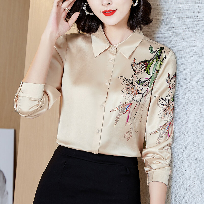 女性用シルクシャツ,長袖サテンブラウス,女性用韓国スタイル,xxl,2022