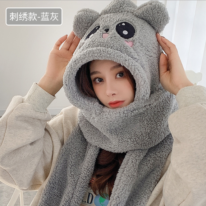 Little Bear Scarf Female Winter Hat Scarf One Lovely Lamb Cashmere Thickened Warm Neck Protection Winter Girl Embroidered Khaki