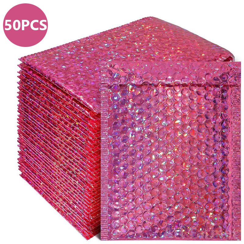Sobres acolchados de plástico para correo, paquete de 50 unids/lote de sobres de plástico de aluminio dorado con embalaje de burbujas, color rojo y Rosa láser