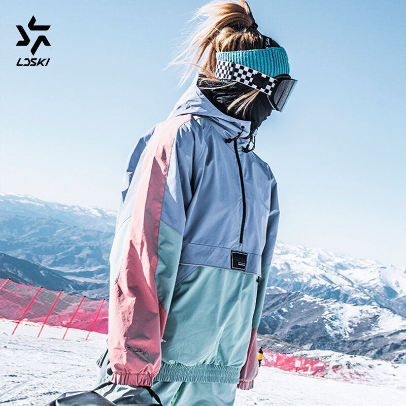 LDSKI Jaket Ski Wanita Pria Pakaian Termal Tahan Air Jahitan Tipis Pakaian Hangat Musim Dingin Mantel Salju Pakaian Snowboard Retro