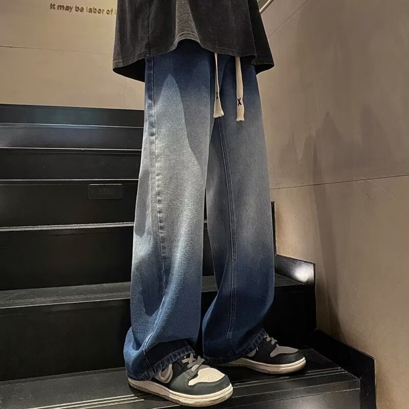 Calça jeans gradiente de pernas largas masculina, calça solta, tendência retrô, senso de design, casual, menino, verão, nova moda, modelos, 2024
