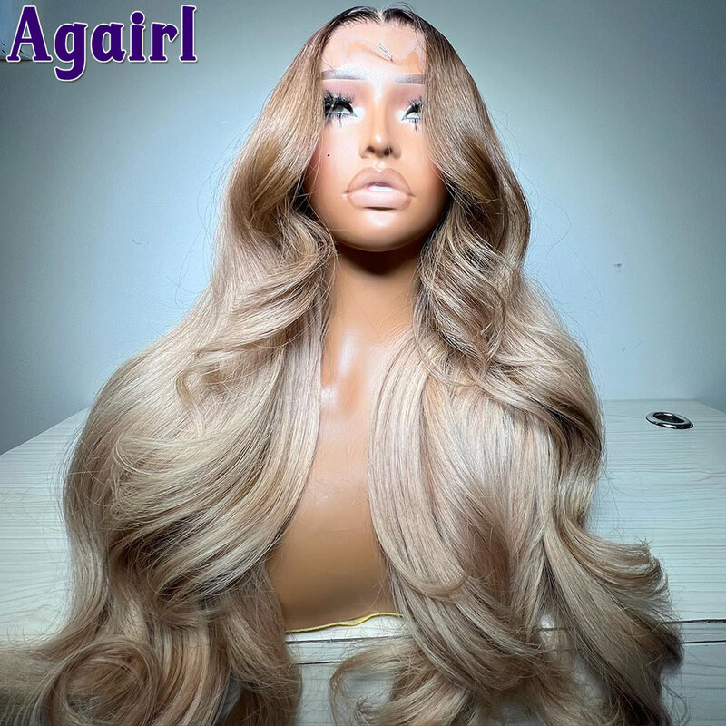 Peluca de cabello humano ondulado de 13x6 para mujer, postizo de encaje Frontal, color rubio ceniza ombré 200%, predesplumada, marrón, raíz, 13x4