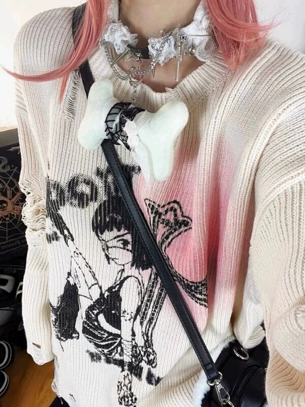 ديبتاون-سترة هاراجوكو كلاسيكية نسائية مجوفة ، سترة يابانية بطباعة كرتونية من الجرونج ، ملابس تريك كبيرة الحجم ، قمصان فتاة إلكترونية ، Y2K ،