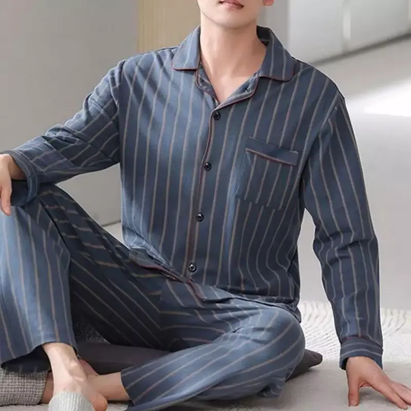 Conjuntos de pijama de manga comprida masculino, pijama macio masculino com botão de lapela, cardigã xadrez masculino, pijama casual solto, primavera, outono