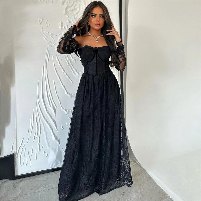 Vestido de noche árabe saudita de encaje con escote corazón negro, vestido de bola de manga larga, vestido de noche de barrido de piso, línea A, nuevo, 2024