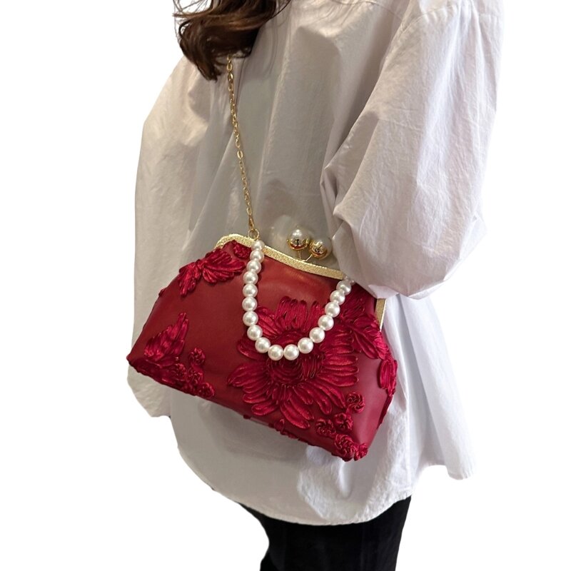 Vintage Flower Kiss Lock Evening Bag with Detachable Metal Chain Elegant Pearl Beaded Handbag Crossbody Purse for Party