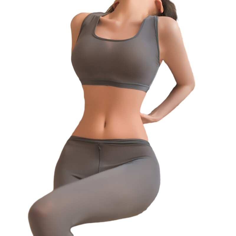 Workout Outfits for Women Crop Tops Zipper Crotch High Waist Yoga Leggings Sets Sexy Lingerie Sleepwear