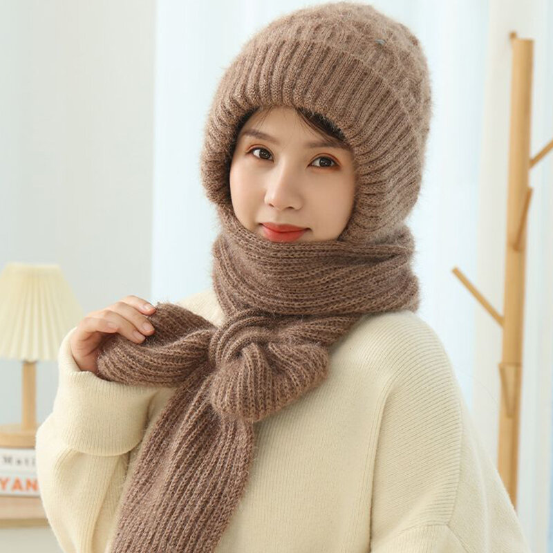 Cappello e sciarpa lavorati a maglia di lana all in one donna inverno caldo cappello di peluche sciarpa addensata protezione per le orecchie con cappuccio berretto da sci all'aperto