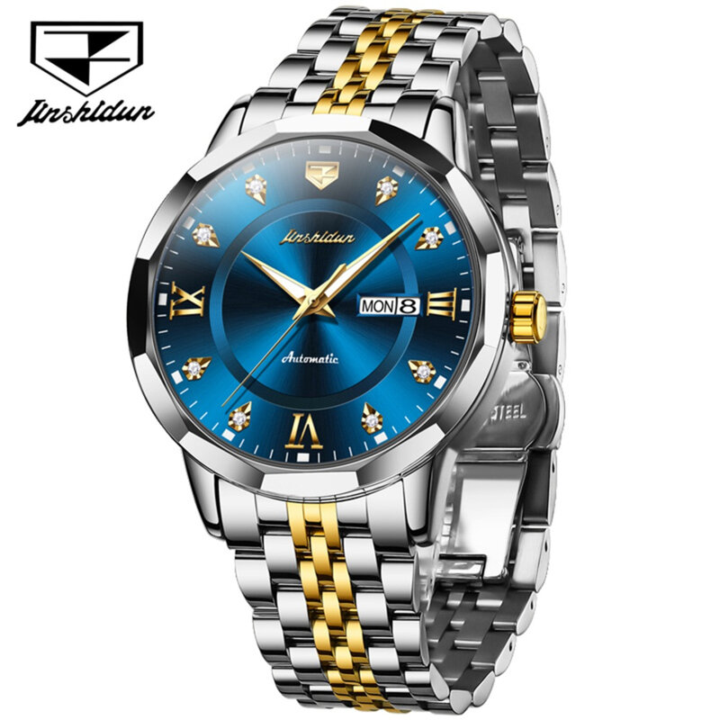 Jsdun 8948 mechanische Mode Uhr Geschenk rundes Zifferblatt Edelstahl Armband Woche Display Kalender leuchtend