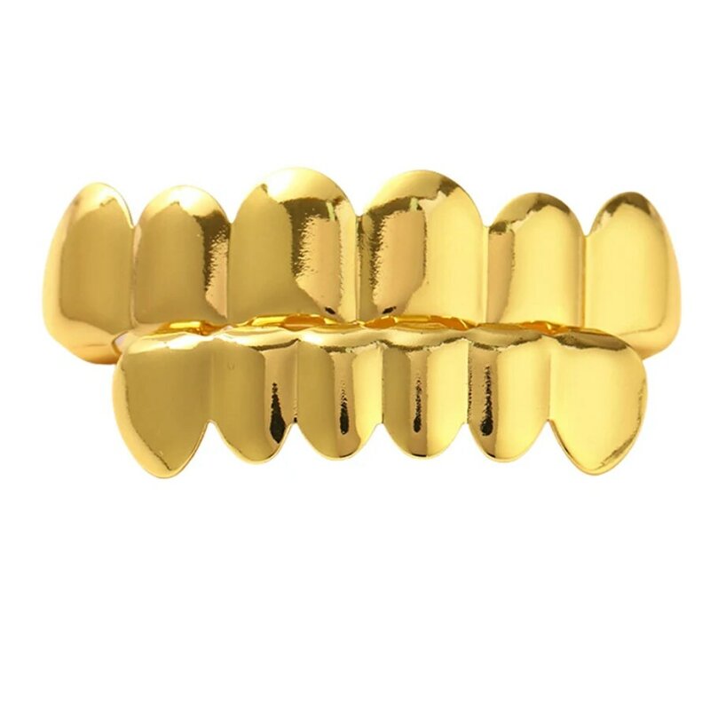 Grillz-Tapas de dientes chapadas en oro de 14K para hombre y mujer, parrillas dentales de estilo clásico, joyería de moda, 6/6 dientes, Hip Hop