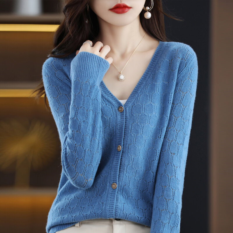 Women's Cardigan 100% Australian Wool Heavy Craft Hollow Versatile Temperament Light Luxurious High Value Long Sleeve Outer Wear
