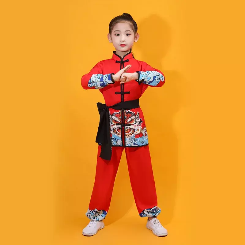 Ubrania dla dzieci Wushu nadruk ze smokiem mundury Kung Fu kostiumy sceniczne dla dorosłych dzieci chińskie tradycyjne sztuka walki stroje