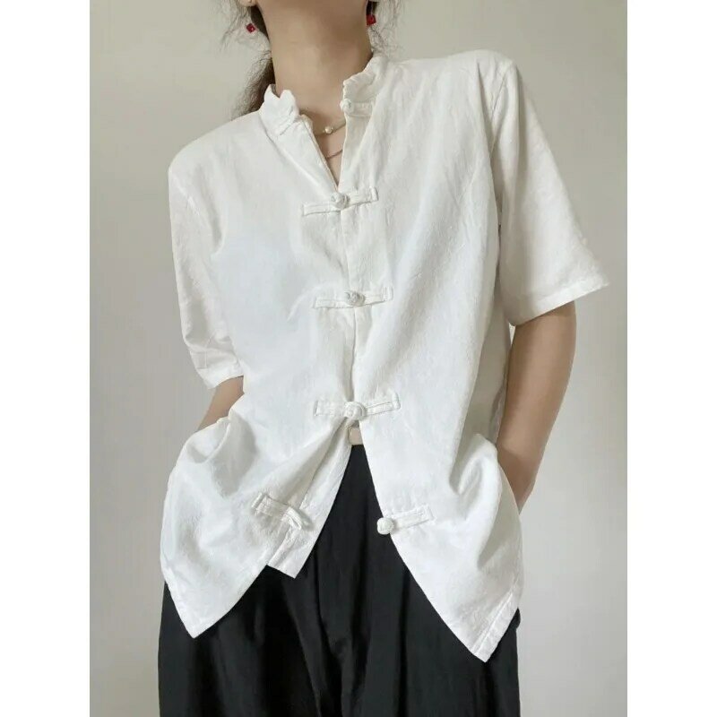 QWEEK camicie a maniche corte in lino bianco donna camicette abbottonate in stile cinese estate Vintage elegante Casual Chic estetica 2024