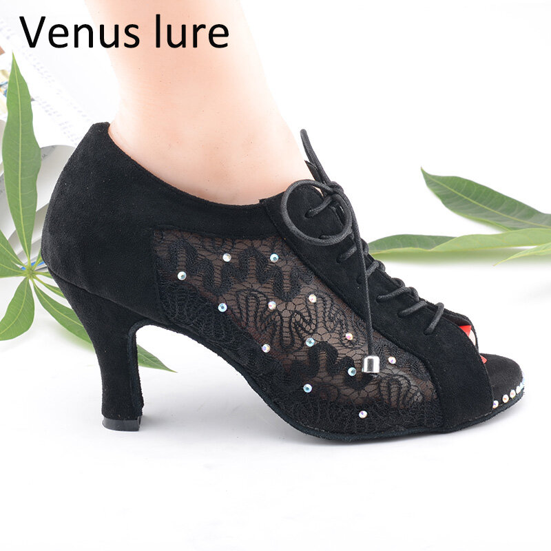 Женские танцевальные ботинки Venus Lure с открытым носком, черные замшевые осенние танцевальные ботинки 7,5 см