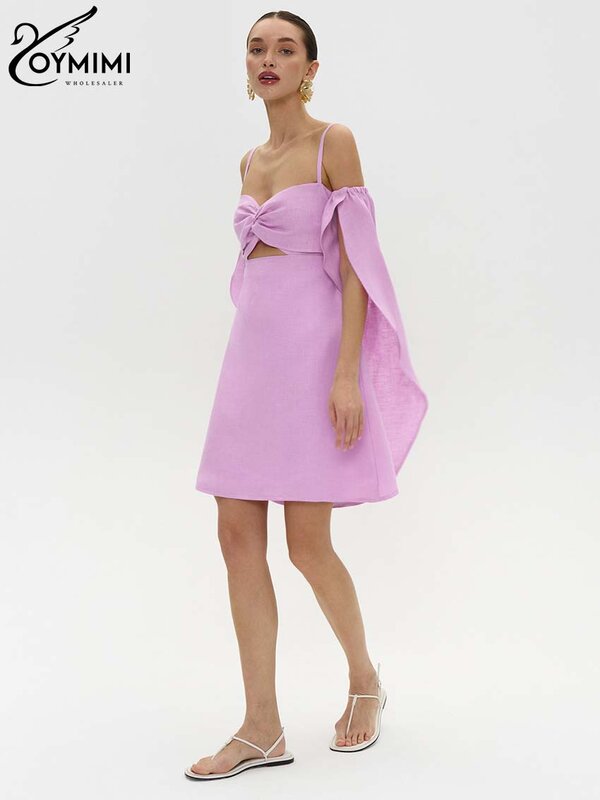Oymimi Summer Pink Cotton Women's Dress Elegant Spaghetti Strap Hollow Out Dresses Casual High Waist A-Line Mini Dresses Female
