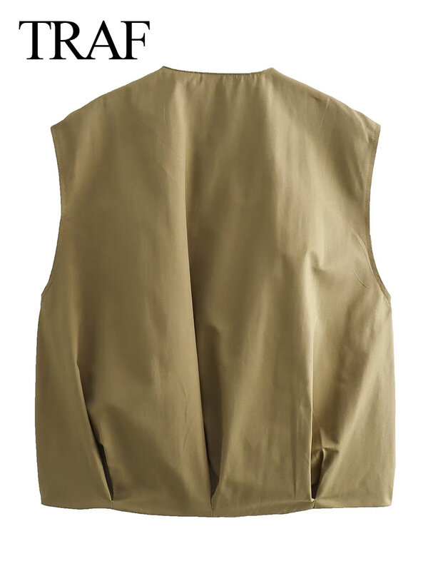 TRAF 여성용 민소매 상의, 라운드넥 플리츠 장식 상의, 짧은 조끼 코트, 캐주얼 상의, 2024 용수철 패션
