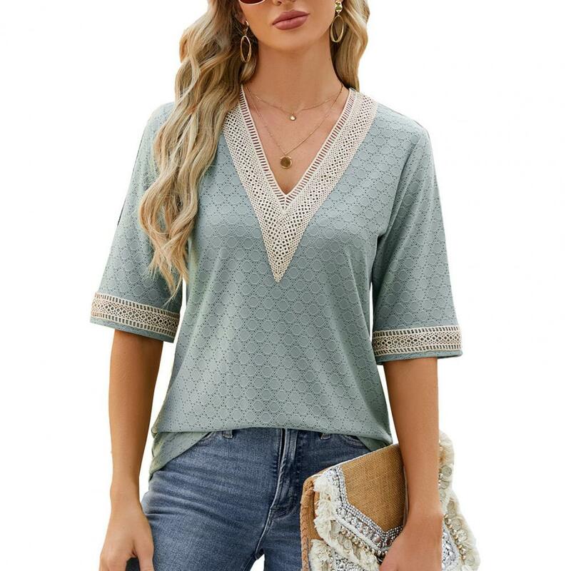 Женский кружевной топ с V-образным вырезом, Свободный пуловер с коротким рукавом и V-образным вырезом, в уличном стиле, лето