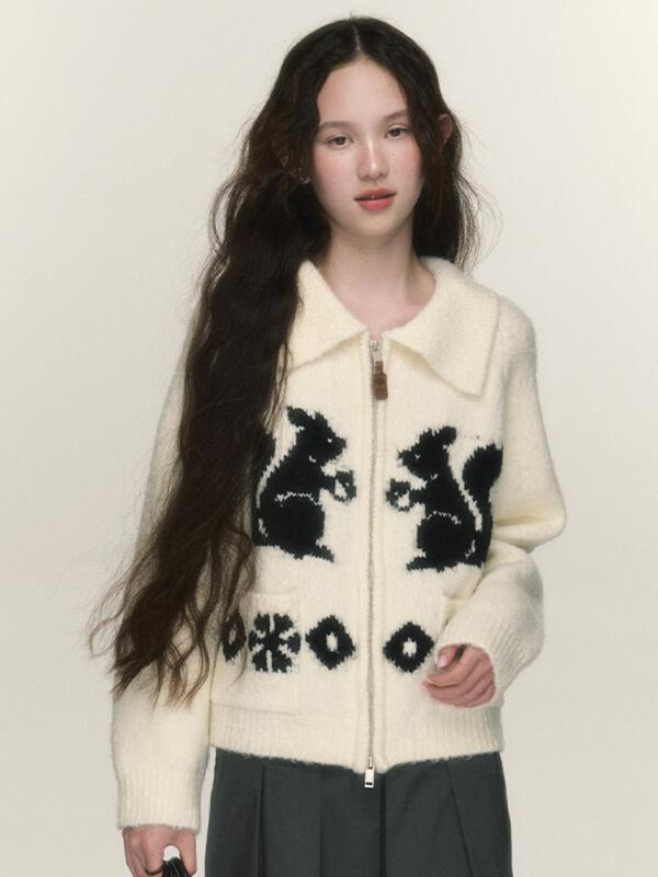 Deeptown Harajuku Kawaii sweter ze wzorem wiewiórki damskie Vintage jesienno-zimowe nadwymiarowy sweter koreańskie koszulki z dzianiny
