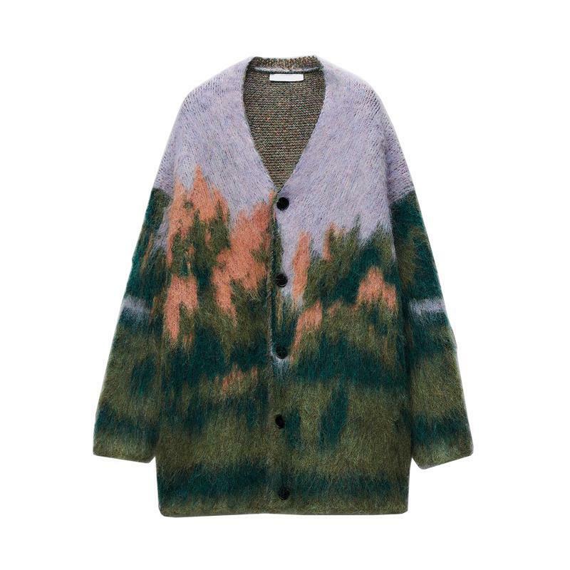 여성용 빈티지 모헤어 프린트 니트 가디건, 긴팔 싱글 브레스티드 루즈 스웨터, 2023 가을 시크 하이 스트리트웨어 패션