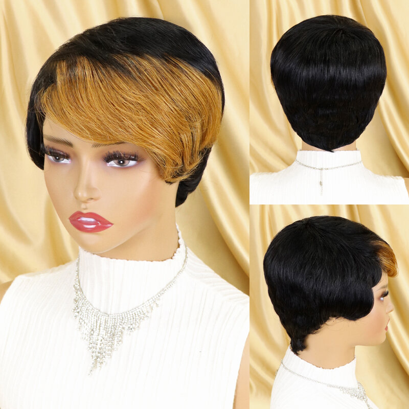 Peruki z ludzkich włosów fryzura Pixie prosto krótka pełna peruka z grzywką Perruque Cheveux Humain tanie naturalna peruka z lokami dla czarnych kobiet