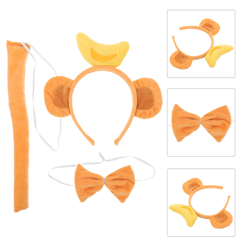 Orelhas de Animais Cosplay Headband, Headband, Cauda, Gravata borboleta, Traje de Macaco, Macaco, Orelha, Banana, 1 Conjunto