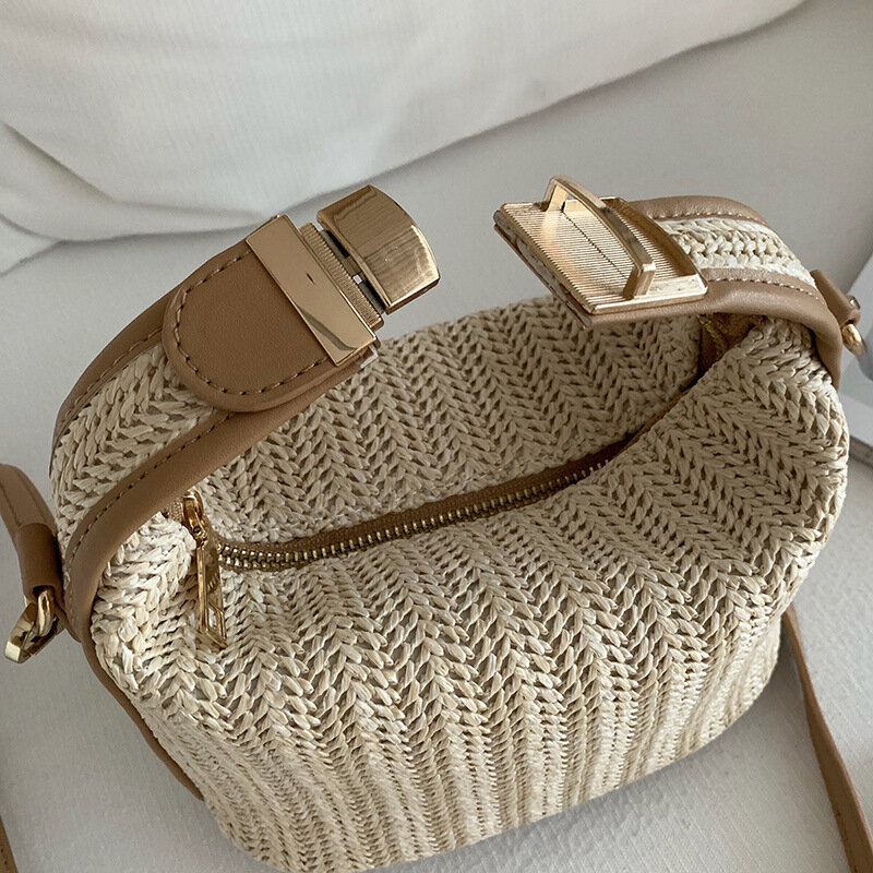 Плетеная бежевая сумка через плечо из травы, сумка в стиле бохо, Плетеная соломенная сумка на плечо, летняя пляжная сумка, женская сумка для макияжа, дорожная сумка