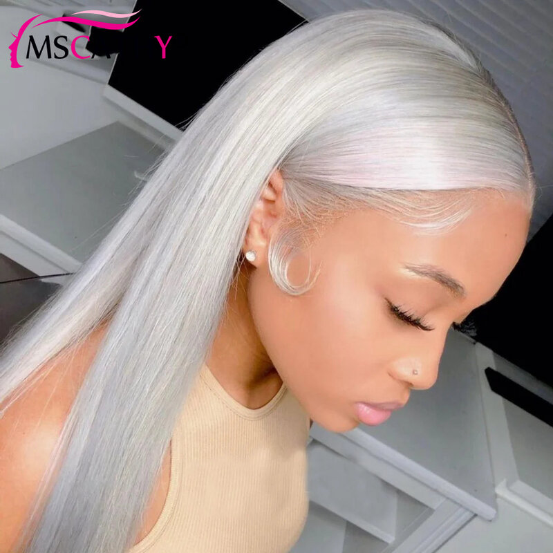 Серебристо-серый 13X 4 кружевные передние парики для женщин шелковистые прямые с детскими волосами цветные человеческие волосы парики прозрачные кружевные передние парики