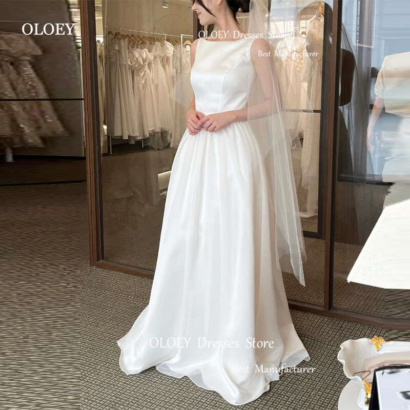 OLOEY sederhana A Line lembut Satin Korea gaun pernikahan O-Neck lantai panjang gaun pengantin Tulle panjang kerudung ritsleting atau renda kembali