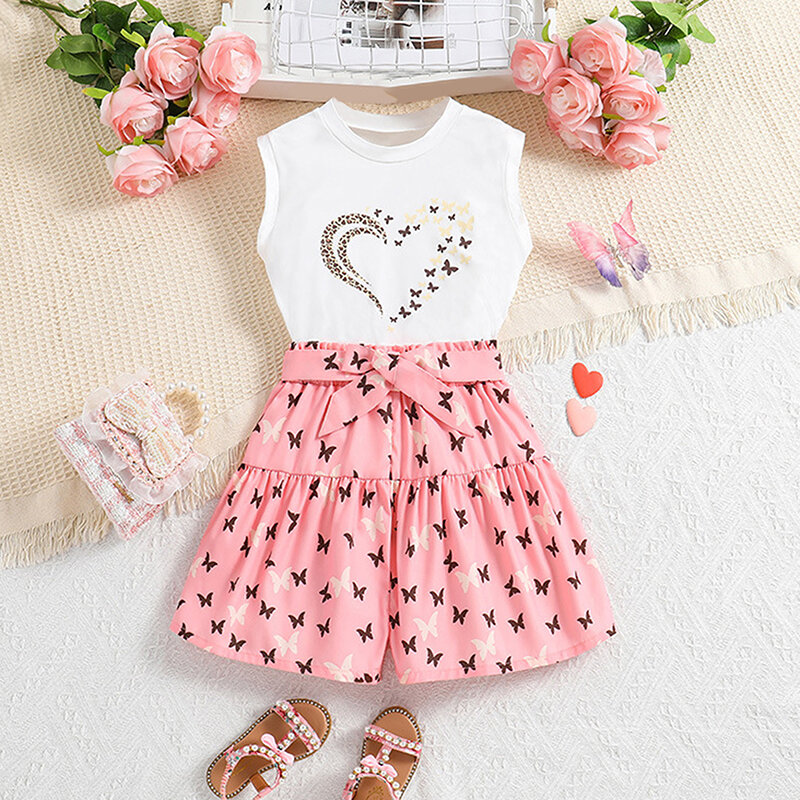 8-12T Kids Girls Summer Outfits Heart Print Crew Neck Sleeveless Tank Tops and Butterfly Print Shorts with Belt 2Pcs Clothes Set