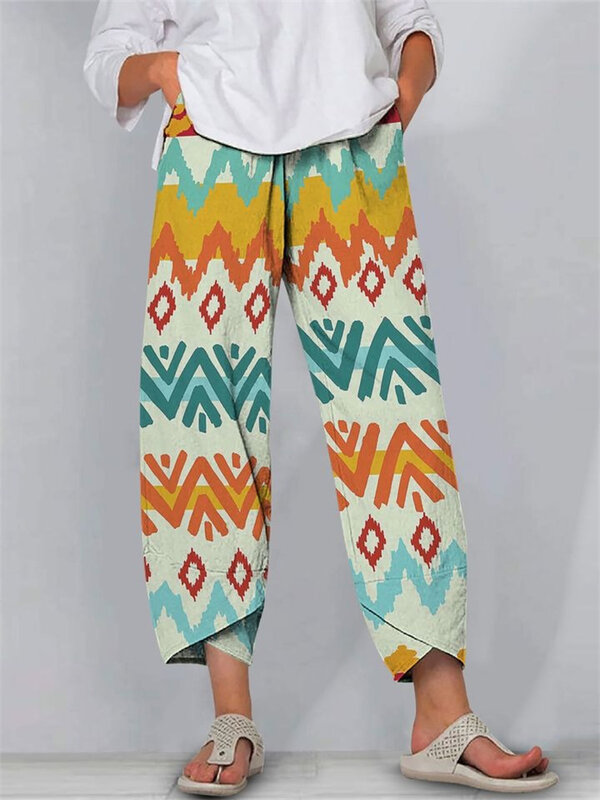 Брюки-Капри женские винтажные в богемном стиле, уличная одежда в стиле ретро, Пляжные штаны с карманами, свободные шикарные штаны, Y2k, на лето